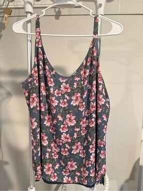 Reversible Tank Top - Pink Floral on Blue Slate, reverse side Solid Blue Slate